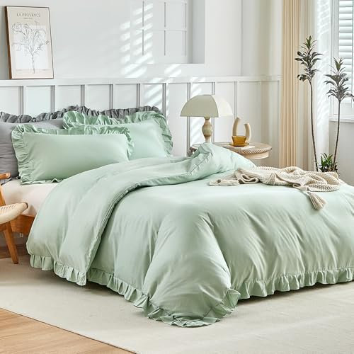 Tokokimo Ruffle Duvet Cover Sets King Size - Sage Green Bedding Sets, Soft Microfiber Green Duvet Cover 230x220 cm with 2 Pillowcases, Bedding Gifts for Mom Daughter, Green/Ruffled