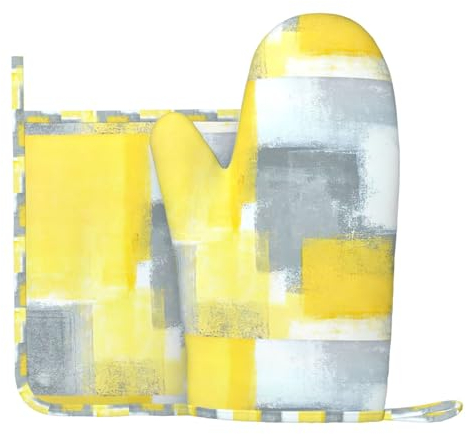 Set di 2 pezzi da cucina con stampa astratta grigia e gialla, guanti resistenti al calore per barbecue a tema primavera/estate