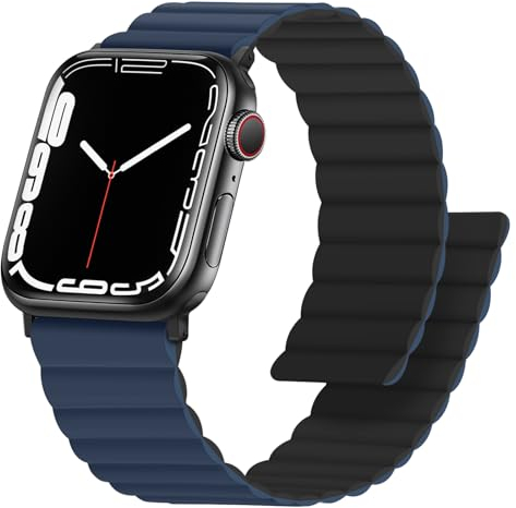 Anlinser Correas Compatible con Correa Apple Watch 49/46/45/44/42/41/40/38mm, Pulsera Magnética Reversible de Doble Cara para iWatch Ultra Serie 10/9/8/7/6/5/4/3/SE (42/41/40/38, Azul Oscuro/Negro)