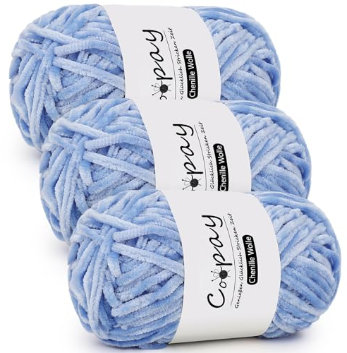 Coopay Chenille Wolle zum Häkeln - 3x100g Samtig Garn, Dicke Flauschige Weiche Plüschwolle Häkelgarn für Decken, Schals - Himmelblau
