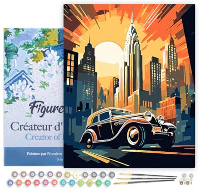 Figured'Art Peinture par Numéro Adulte avec Cadre Voiture Art Déco à New York - Activité Manuelle Kit de Loisir Créatif DIY Numéro d'Art Complet - 40x50cm toile tendue sur châssis