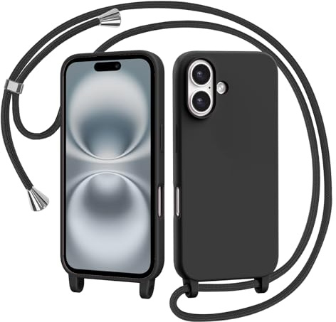 AOMYKE Handyhülle für iPhone 16 Hülle mit Band, Handyband iPhone 16 Hülle zum Umhängen Schutzhülle mit Kette Kordel Weich TPU Liquid Silikon Case, Schwarz