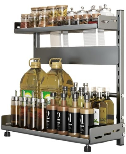 TRAYINDALY 2 Tier Spice Rack, Free Standing Spice Organiser, Expandable Spice Racks, Space-Saving Kitchen Shelf Organiser, Black Shelf Organiser, Spices Organizers and Storage for Kitchen Worktop