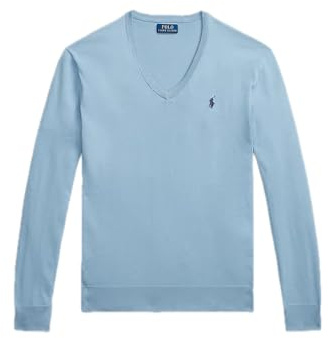 Ralph Lauren Polo Herren Pullover Slim Fit | V-Ausschnitt Baumwolle | Klassischer Feinstrick-Pulli hellblau | Größe XXL