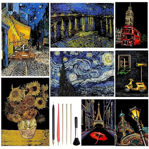 Georgie Porgy Kratzbilder Set DIY Bastelsets für Erwachsene Kinder Magic Rainbow Scratch A3 A4 Kratzpapier für Weihnachten Geburtstagsgeschenk mit Kratzwerkzeuge Kit (Van Gogh+Straßenecke)