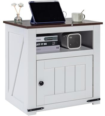 VEVOR Table d'appoint de ferme à 3 niveaux, table de chevet carrée avec ports et prises USB, table d'appoint avec armoire de rangement, table de nuit, idéal pour le salon, la chambre, le bureau, blanc