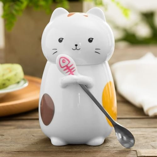 PRITOK Tasse Chat: 400 ml Tasse en céramique, Mignonne Tasse 3D Animal avec cuillère, Tasse à thé et café pour anniversaire, Noël