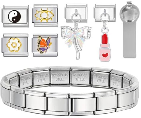 arrderly Italian Charms Bracelet, DIY 9mm Abnehmbar Module für Italienische Armbänder, Italian Style Charms für Damen, Abnehmbarer Klassischer Edelstahl Charm mit Öffnungswerkzeugen
