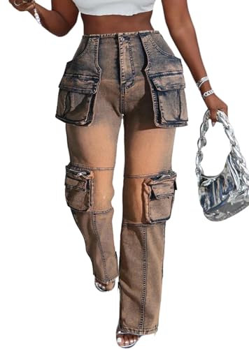 Jeans cargo da donna dritti elasticizzati con cerniera laterale e fessura in denim Y2K con tasche multiple, Caffè, S