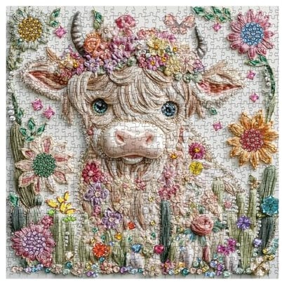 Crystal Highland Cow Puzzle for Adults 1000 Pieces, Cute Animal Jigsaw Puzzle, Flower Butterfly Diamond Challenging Gem Jewel Art Puzzle