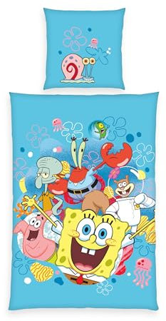 Herding Bettwäsche SpongeBob Schwammkopf, Kopfkissenbezug ca. 80 x 80 cm, Bettbezug ca. 135 x 200 cm, Mit Reißverschluss und Wendemotiv, 100% Baumwolle/Renforcé