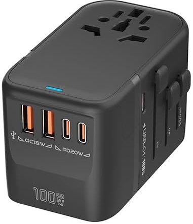 100W GaN Universal Travel Adapter International Power Adapter, with 5 USB(3 USB C) Charging Ports European Travel Plug Worldwide for US to Europe UK, EU, AU (Type C/G/A/I) Outlet Wall Charger