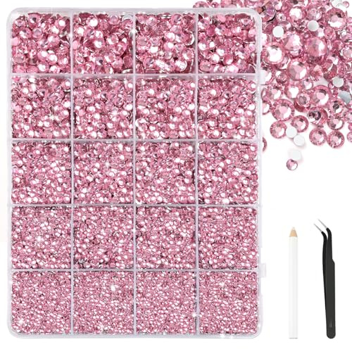 Bouiexye - 28000 pz Strass in resina rosa chiaro 2-6 mm, strass flatback con cristalli per brillare, con pinzette, per fai da te, artigianato, scarpe, abbigliamento, occhiali, nail art