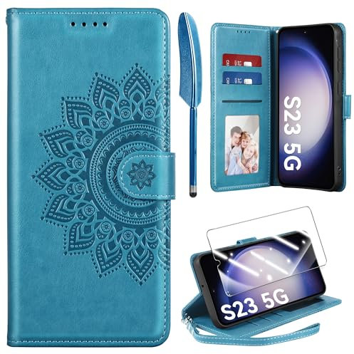 Kmofizle Handyhülle für Samsung Galaxy S23 5G Hülle mit Schutzfolie und Band, Premium Lederhülle Flip Magnet Klapphülle Kartenfach Standfunktion Stoßfeste Schutzhülle für Samsung S23 5G(Blau)