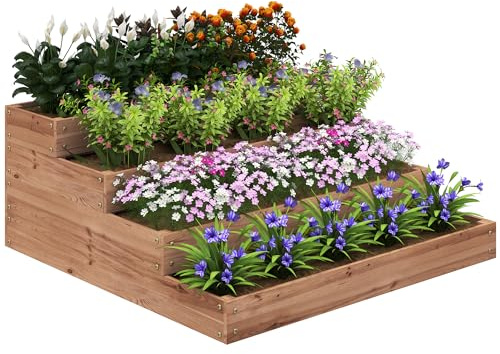Outsunny Orto Rialzato da Esterno a 4 Livelli in Legno di Abete | Fioriera da Esterno, Fondo Aperto, Fodera in Tessuto, Piante Fiori Verdure, Orto da Balcone, 113x113x46 cm, Caffè Scuro