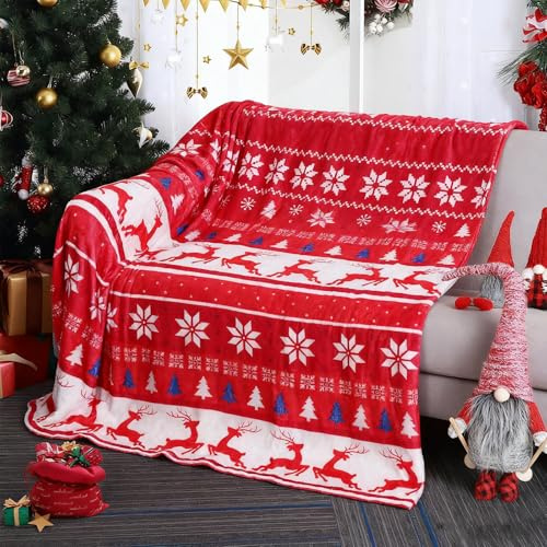 GooDengFull Schneeflocke Weihnachtsdecke, Fair-Isle Rote Kuscheldecke Weihnachten, Oma Flauschige Weihnachts Kuscheldecke Sofa Decke Weihnachten 130x150cm, Snowflake Christmas Blanket