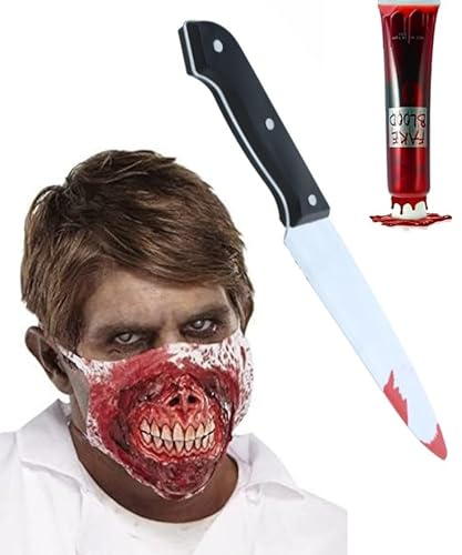 Mega_Jumble Zombie Surgeon Mask + Bloody Knife + Fake Blood Tube for Halloween Fancy Dress Accessory Horror Zombie Butcher Bloody Doctor Set