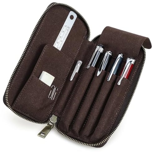 Contacts Étui à crayons en cuir véritable fait à la main - Style vintage - Pochette de protection pour les voyages - Accessoire de bureau élégant - Boîte de rangement pour crayons, marron foncé, 19 cm