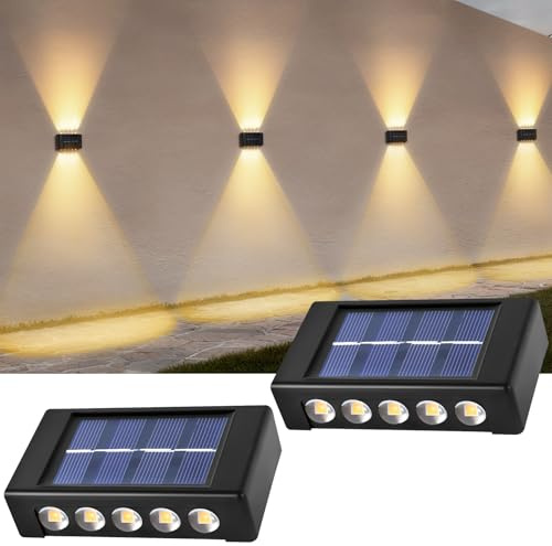 AXFEE Solarlampen für Außen, 2 Stück Solar Wandleuchte Aussen mit 10 LEDs | Warmweiß Solarleuchte, Oben und Unten Beleuchtet, IP44 Wasserdichte Wandleuchte für Innen/Aussen Garten Zaun Terrasse＆Wän