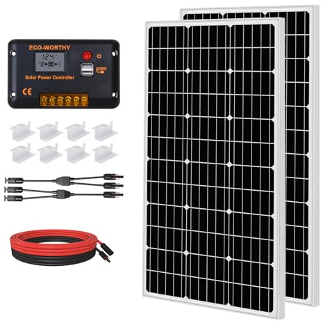 ECO-WORTHY Solarpanel Kit 200W 12V,2 Stück 100W Monokristalline Solarmodule mit 30A LCD Laderegler für Wohnmobil,Wohnwagen, Boot,Camping,Solaranlage Komplettset