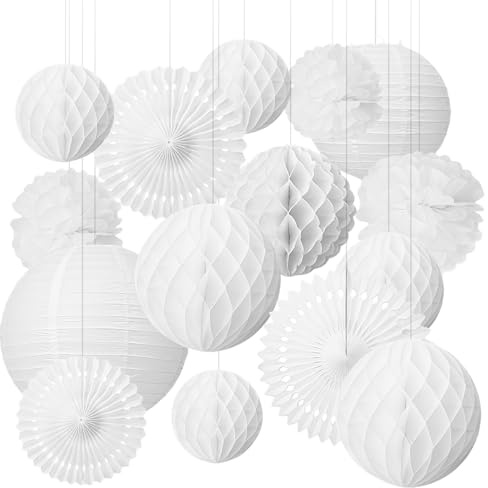 Lampions Pompoms Wabenbälle Fächer Set, 15 Hängende Papierblumen Pompons Weiß Lampions Pompoms Wabenbälle Set für Party, Hochzeit, Geburtstag, Mottoparty, Einschulungsparty, und Taufe