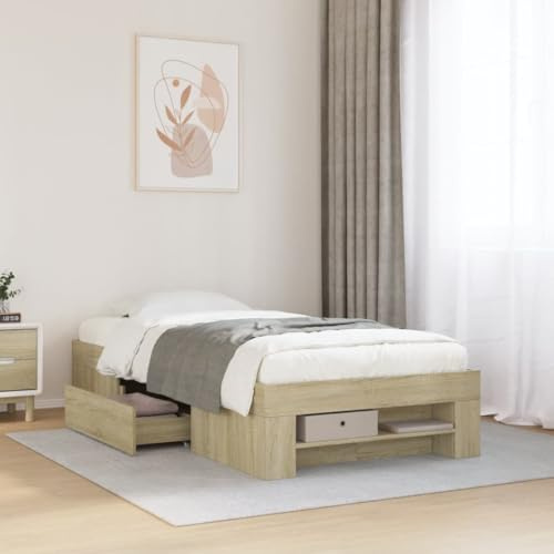 QJBSAVVA Bettgestell 75x190 cm Sonoma-Eiche Holzwerkstoff mit Lattenrost und Stauraum für Jugendzimmer Gästezimmer Deko Schlafzimmer