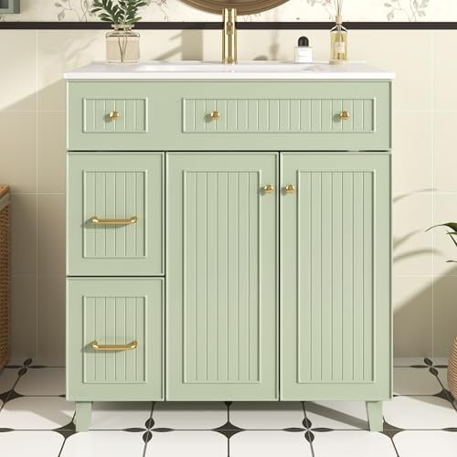 Mielvu Armario de baño con lavabo, 81,7 cm, armario de baño de pie con tocador de cerámica, superficie lacada, espacio de almacenamiento multifuncional y patas de madera maciza en diseño moderno de
