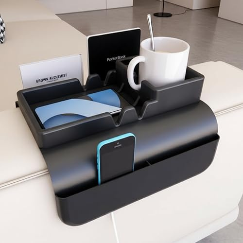 A1DIEE Couch Arm Cup Holder Silicone Sofa Armrest Tray with 5 Side Pockets | Anti-Slip Armrest Recliner Armchair Caddy, Sofa Table Organizer for Drinks Tablet Remote Snacks Cellphone Cup (Black)