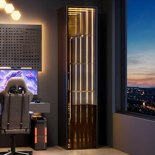 Ktipm Vitrina Cristal con Luz LED y Estantes de Cristal Ajustables, Vitrina Expositora Muebles de Salon con Puerta de Bisagras, Vitrinas Expositoras Moderno, 30x30x160 cm, Negro