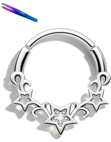 OUFER Body Piercing 16G 316L Stainless Steel Hinged Segment Ring Heart/Star CZ Septum Clicker 8mm/10mm Cartilage Earring for Helix Tragus Nose Piercing