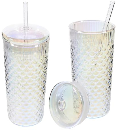 MAGICLULU Set de 2 Gobelets en Verre avec Paille et Couvercle, Tasse de Camping Réutilisable 400ml-500ml, pour Fête Estivale et Boissons Froides