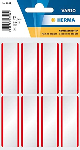HERMA 1902 Namensetiketten ablösbar, 16 Stück, 54 x 19 mm, 8 pro Bogen, selbstklebend, abziehbare Namensaufkleber zum Beschriften für Kleidung, blanko Acetatseide Klebeetiketten Aufkleber, weiß rot