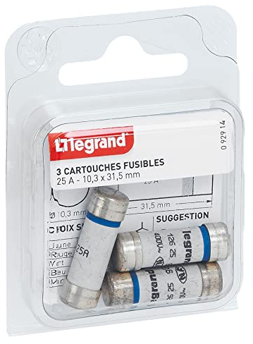 Legrand - Cartouches fusibles pour porte-fusibles - sans témoin - 10,3x31,5mm - 25A, Argenté