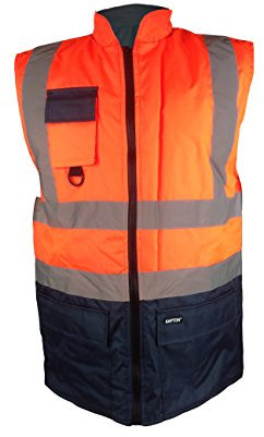 Kapton Hi Visibility Reversible 2 Tone Fleece Lined Waterproof Bodywarmer High Viz Vis Navy Gilet Body Warmer Waistcoat Outdoor Workwear Yellow Orange Reflective Strips Warm Winter Work Security