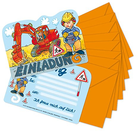 Lutz Mauder 16-teiliges Einladungskarten-Set Bagger und Baustelle für Kindergeburtstag, 26022