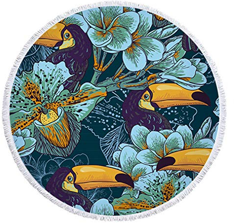 Sticker Superb Farbe Rundes Strandtuch 60Große Dicke Schwarz Decke Himmelskörper Mandala Weltkarte Handtuch Zigeuner Yoga-Matte mit Quasten Frau Mädchen (Regenwald-Tukan)