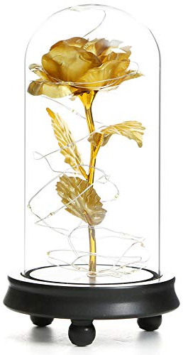 ZYTC Regalo Di San Valentino Rose Fiore Luce Paralume In Vetro Foglia Oro Led Calda Con Fiore Artificiale Fatto A Mano Adatto Per Matrimonio Decoratio Riunire Da Te Per Anniversario Di Coppia (d'oro)