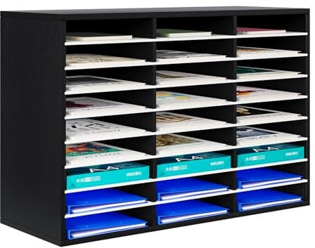PAG 27 Compartments Office Countertop Letter File Tray, Wooden A4 Paper Storage Organiser Desk Trays Stackable for Office Home School,Black&White