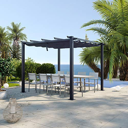Avril Paris Tonnelle/Pergola Aluminium 3x3m Toile coulissante rétractable - Gris-Ohio