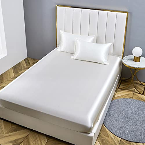 Damier Spannbettlaken 200x200cm Weiß Satin Seide Glänzend Bettlaken Hochwertiges Deluxe Unifarben Spannbetttuch, geeignet für Matratzen bis 30cm