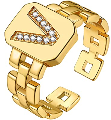 GoldChic Vintage Buchstaben Ring mit Alphabet V Damen Offener Verstellbarer Siegelring aus Kupfer in Gold Stapelbarer Initiale Alphabet V Namenring mit Zirkonia für Geburtstag Valentinstag Jubiläum