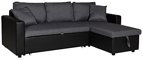 Happy Garden Canapé d'angle Convertible Clark 3 Places en Tissu et Simili Gris chiné et Noir. Canapé avec méridienne réversible et Coffre de Rangement.