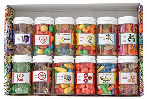 Regalo Original con Chuches Variadas. Caja con 12 Botes. Preparada para regalar. 1.300g.
