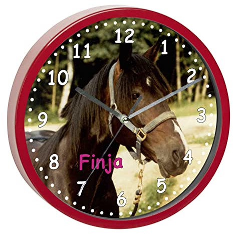 CreaDesign, Wanduhr für Kinderzimmer Pferd Orignial, Kinderuhr rot mit Quarz Uhrwerk, personalisiert mit Name, Durchmesser 19,5 cm