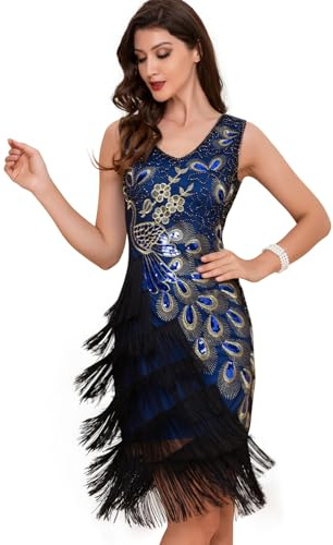 DQHKOW 1920er Jahre Damen Vintage Pfau Pailletten Quaste Flapper Partykleid