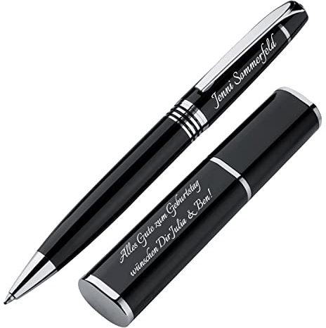 Personalisierter Metall-Drehkugelschreiber in Metallbox | Schwarz | Drehmechanik | Gravur auf Stift & Box als Geschenk & Symbole gravierbar PS145