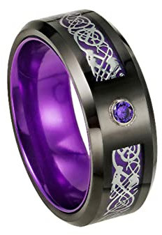 HIJONES Anneaux De Dragon Celtique Incrustés De Fibre De Carbone De 8 MM pour Hommes Femmes en Acier Inoxydable Bande De Zircone Cubique Incrustée De Mariage Argent Violet Taille 72