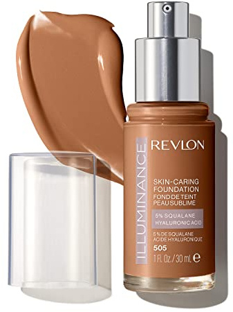 REVLON Illuminance Skin-Caring Flüssig-Make-up-Grundierung, mit Hyaluronsäure, feuchtigkeitsspendende und pflegende Formel, mittlere Abdeckung, 505 Rich Sand, 30 ml