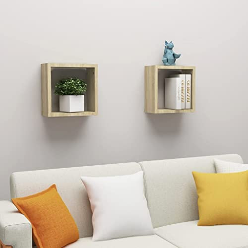 lvssiao Würfelregale 2 STK, Würfelregal-Set in Moderner Regalwürfel Flexicube MDF Hochglanz Hängeregal Cube Regal für Bücher DVD Auszeichnungen Büchern Sammlerstücken, Sonoma-Eiche 30x15x30 cm