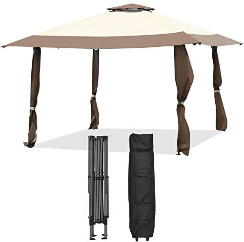 TANGZON 4 x 4m Pop up Gazebo, 3-Level Height Adjustable Instant Canopy Shelter with Vented Roof & Carry Bag, Foldable Waterproof Party Tent Patio Garden Pavilion (395x395x267/275/283cm, Brown+Beige)